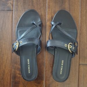 VERONICA BEARD Black Leather Slide Sandals with Gold Tone Buckle - Size 8.5